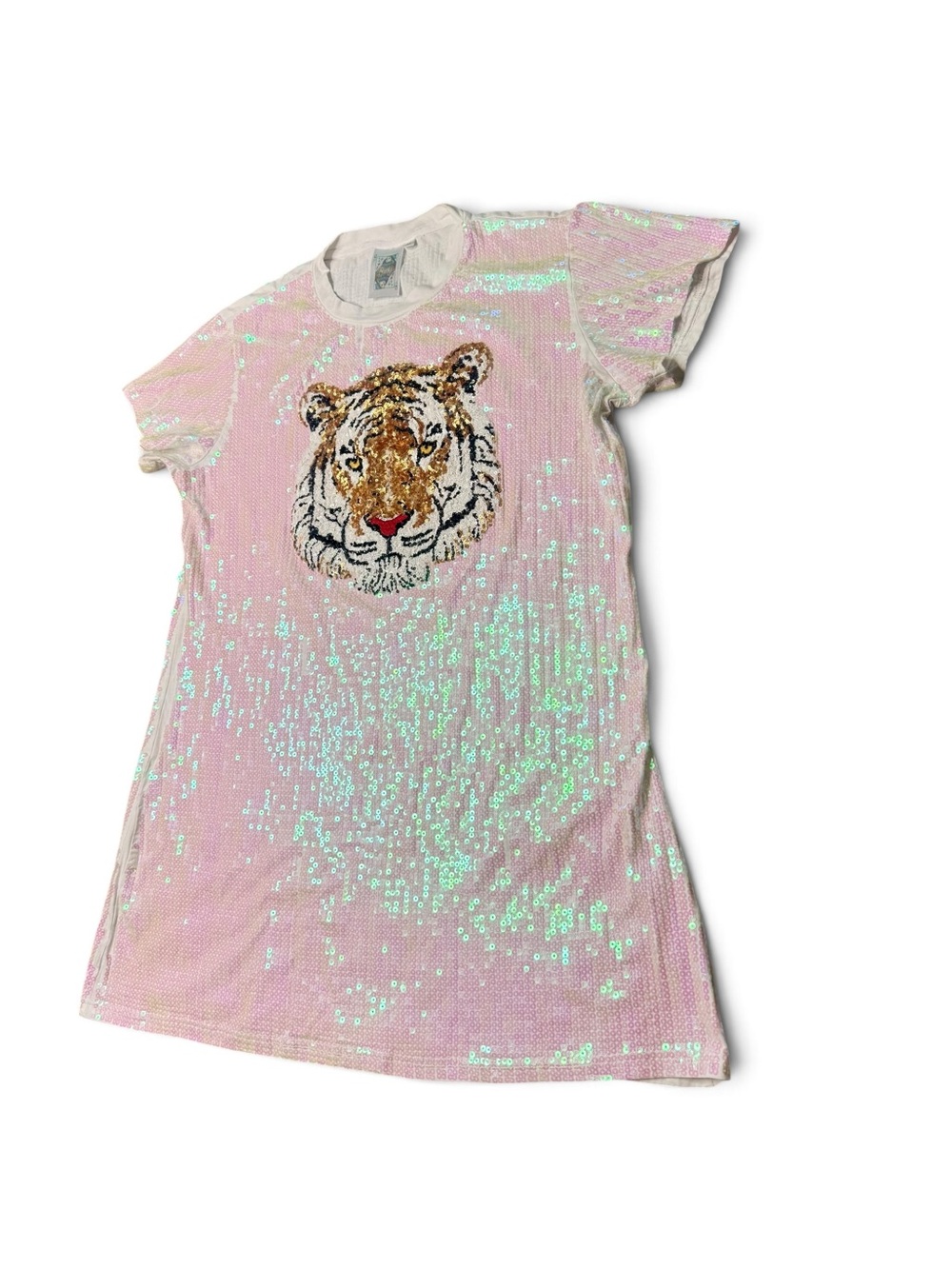 Queen of Sparkles White Iridescent Sequin Tiger Face T-Shirt Dress Size M - Picture 4 of 11